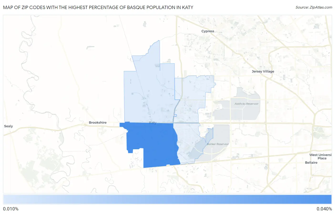 Zip Codes with the Highest Percentage of Basque Population in Katy Map