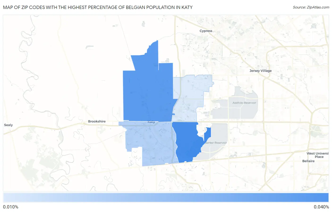 Zip Codes with the Highest Percentage of Belgian Population in Katy Map