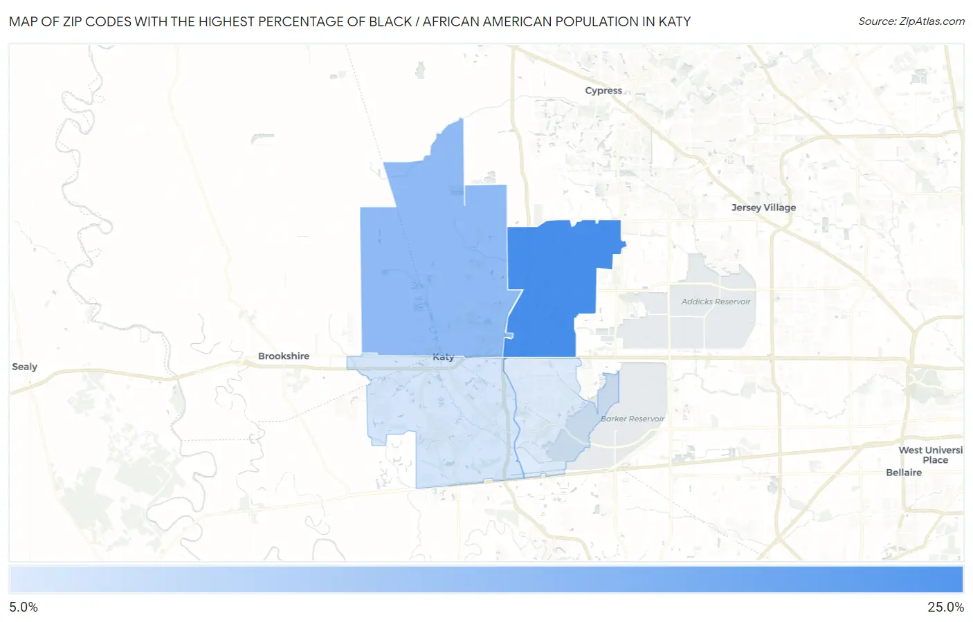 Zip Codes with the Highest Percentage of Black / African American Population in Katy Map