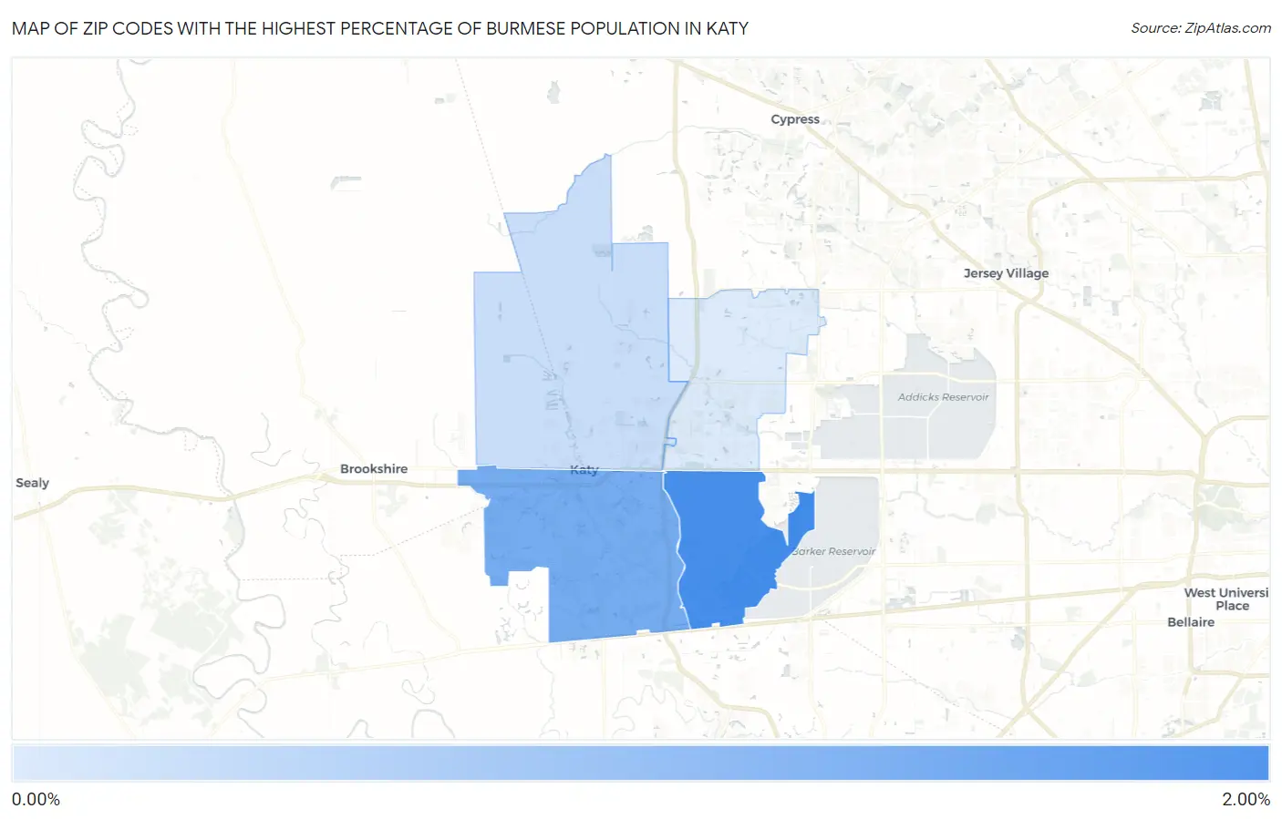 Zip Codes with the Highest Percentage of Burmese Population in Katy Map
