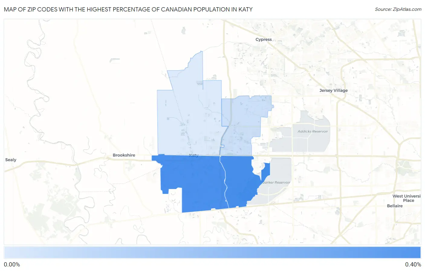 Zip Codes with the Highest Percentage of Canadian Population in Katy Map