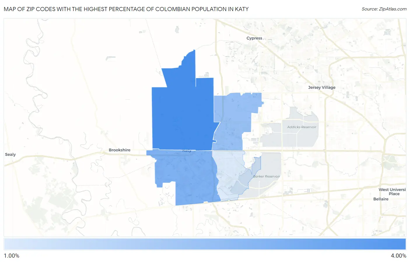 Zip Codes with the Highest Percentage of Colombian Population in Katy Map