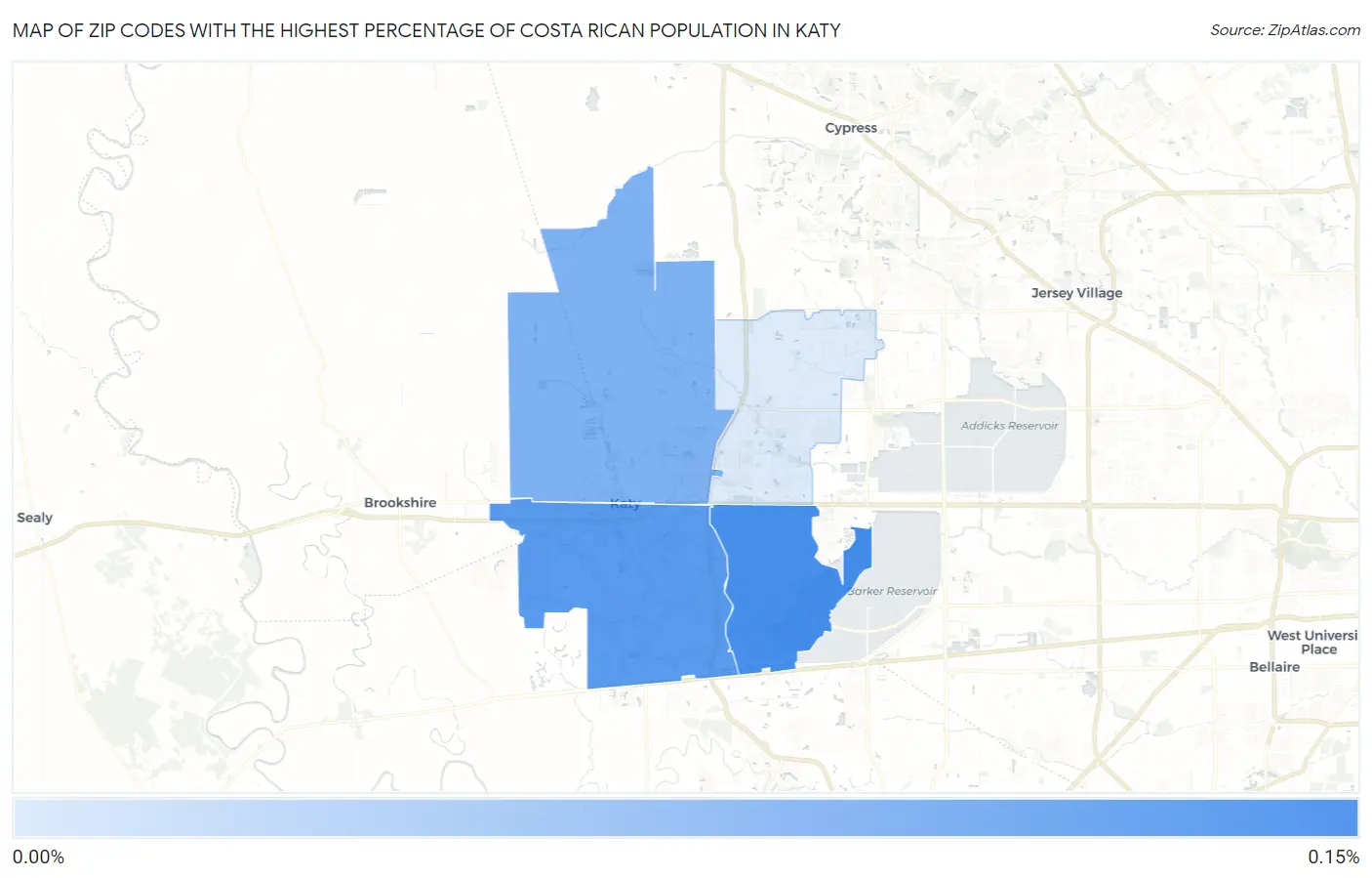 Zip Codes with the Highest Percentage of Costa Rican Population in Katy Map