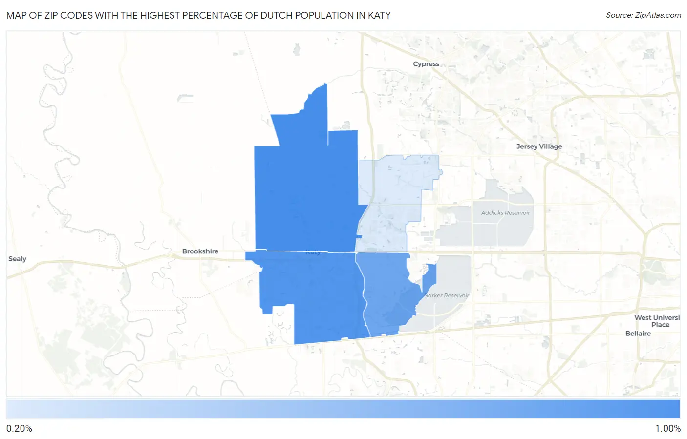 Zip Codes with the Highest Percentage of Dutch Population in Katy Map