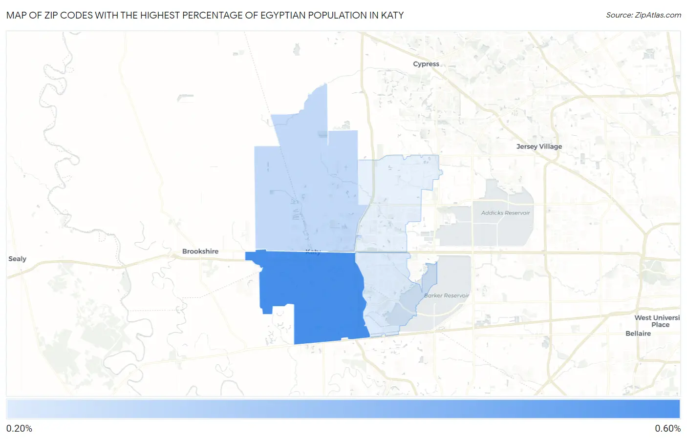 Zip Codes with the Highest Percentage of Egyptian Population in Katy Map