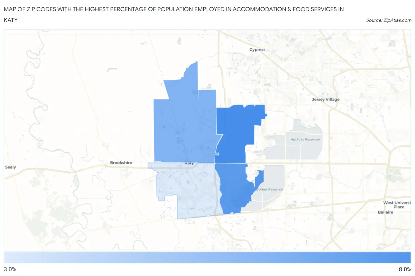 Zip Codes with the Highest Percentage of Population Employed in Accommodation & Food Services in Katy Map