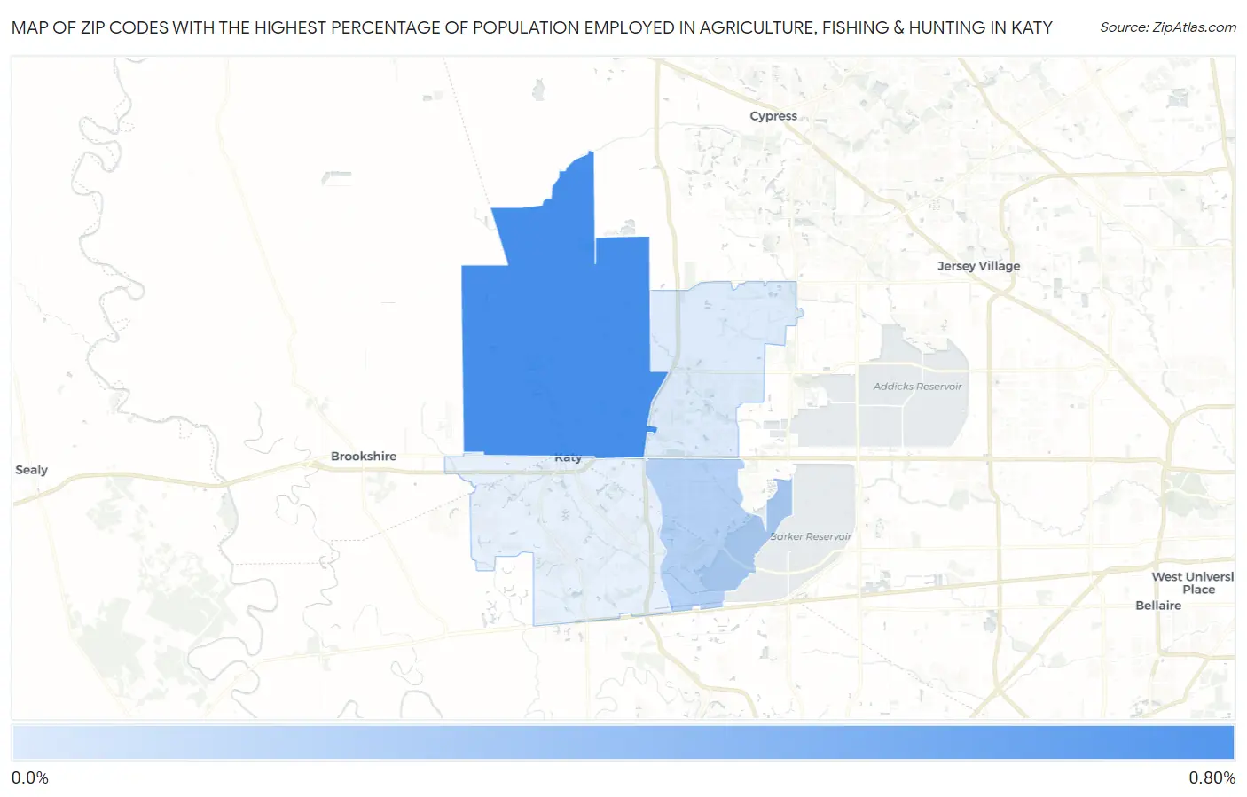 Zip Codes with the Highest Percentage of Population Employed in Agriculture, Fishing & Hunting in Katy Map