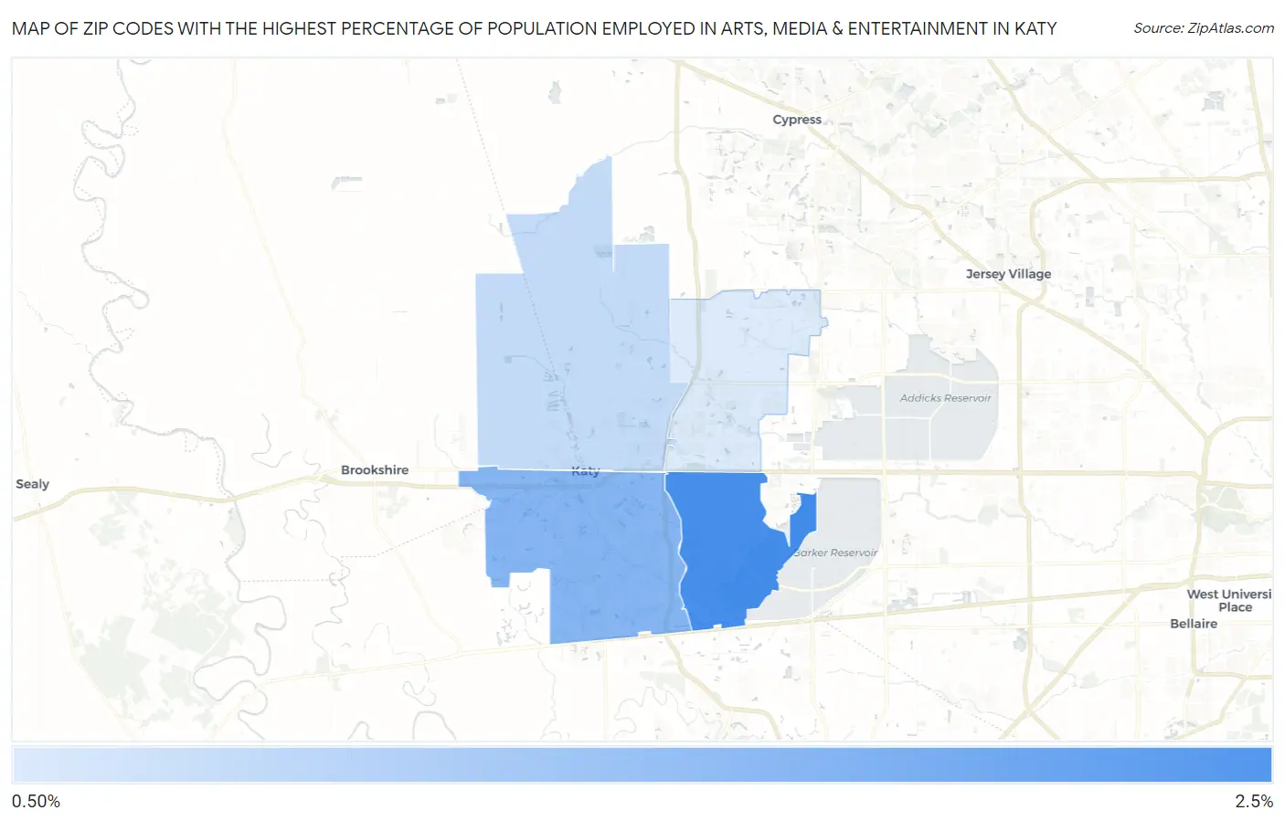 Zip Codes with the Highest Percentage of Population Employed in Arts, Media & Entertainment in Katy Map