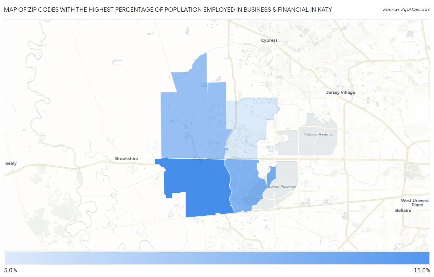 Zip Codes with the Highest Percentage of Population Employed in Business & Financial in Katy Map