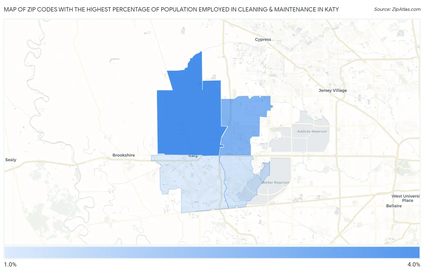 Zip Codes with the Highest Percentage of Population Employed in Cleaning & Maintenance in Katy Map