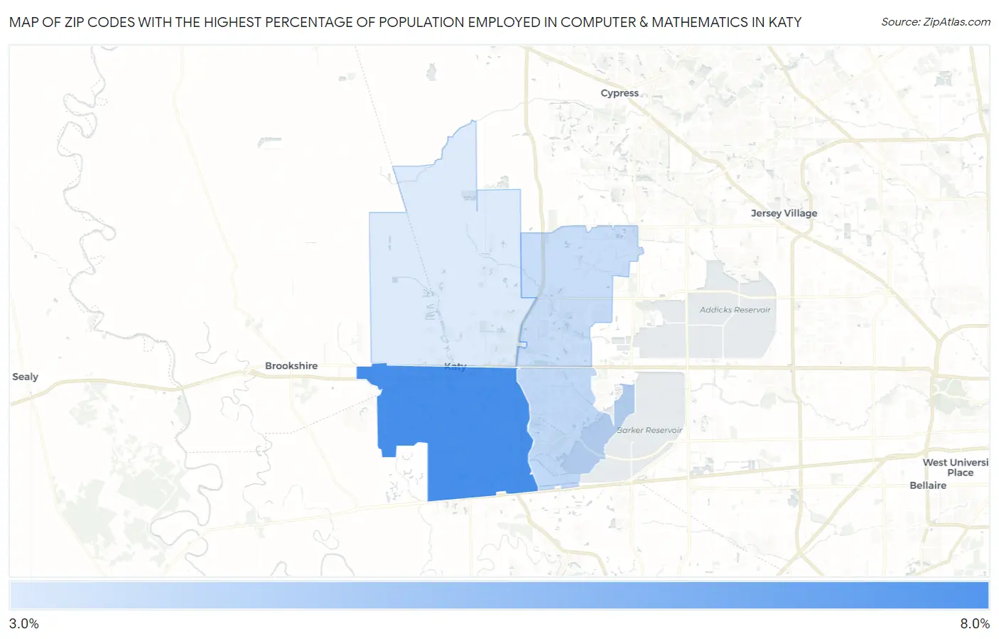 Zip Codes with the Highest Percentage of Population Employed in Computer & Mathematics in Katy Map