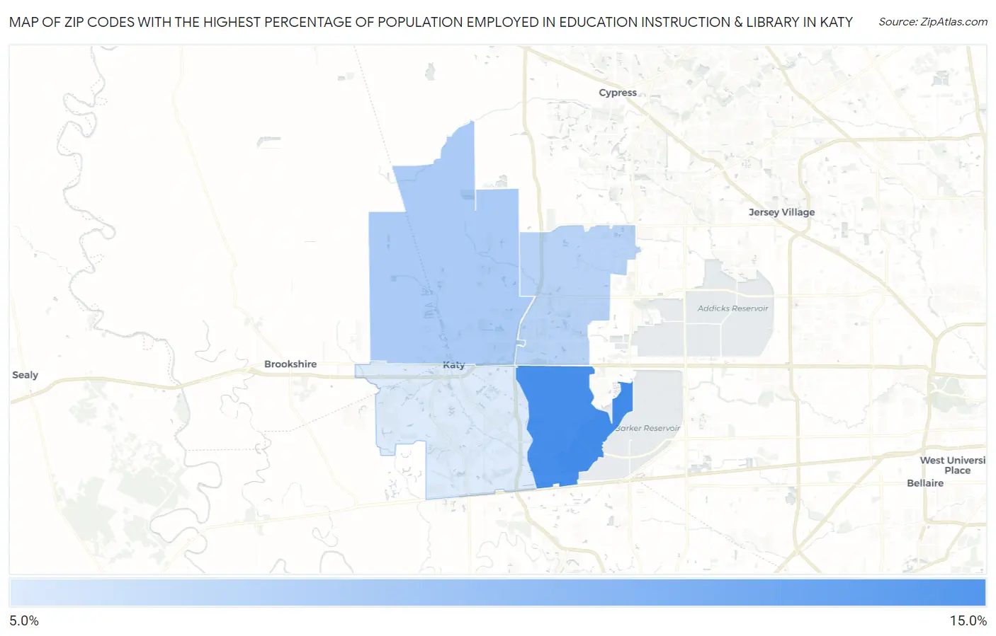 Zip Codes with the Highest Percentage of Population Employed in Education Instruction & Library in Katy Map