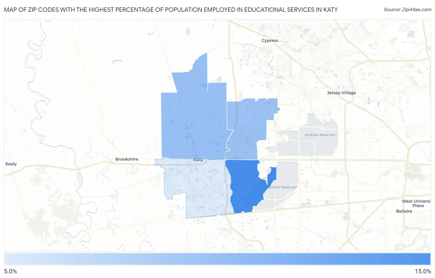 Zip Codes with the Highest Percentage of Population Employed in Educational Services in Katy Map