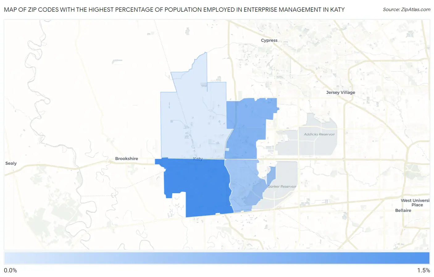 Zip Codes with the Highest Percentage of Population Employed in Enterprise Management in Katy Map