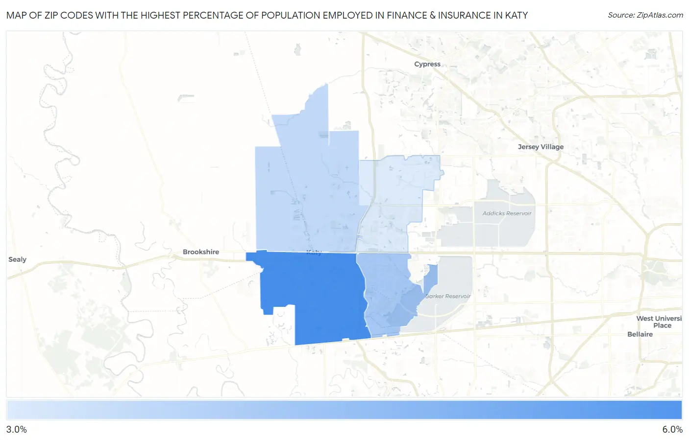 Zip Codes with the Highest Percentage of Population Employed in Finance & Insurance in Katy Map