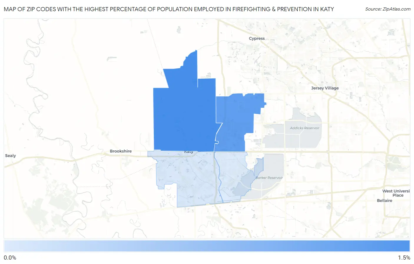 Zip Codes with the Highest Percentage of Population Employed in Firefighting & Prevention in Katy Map