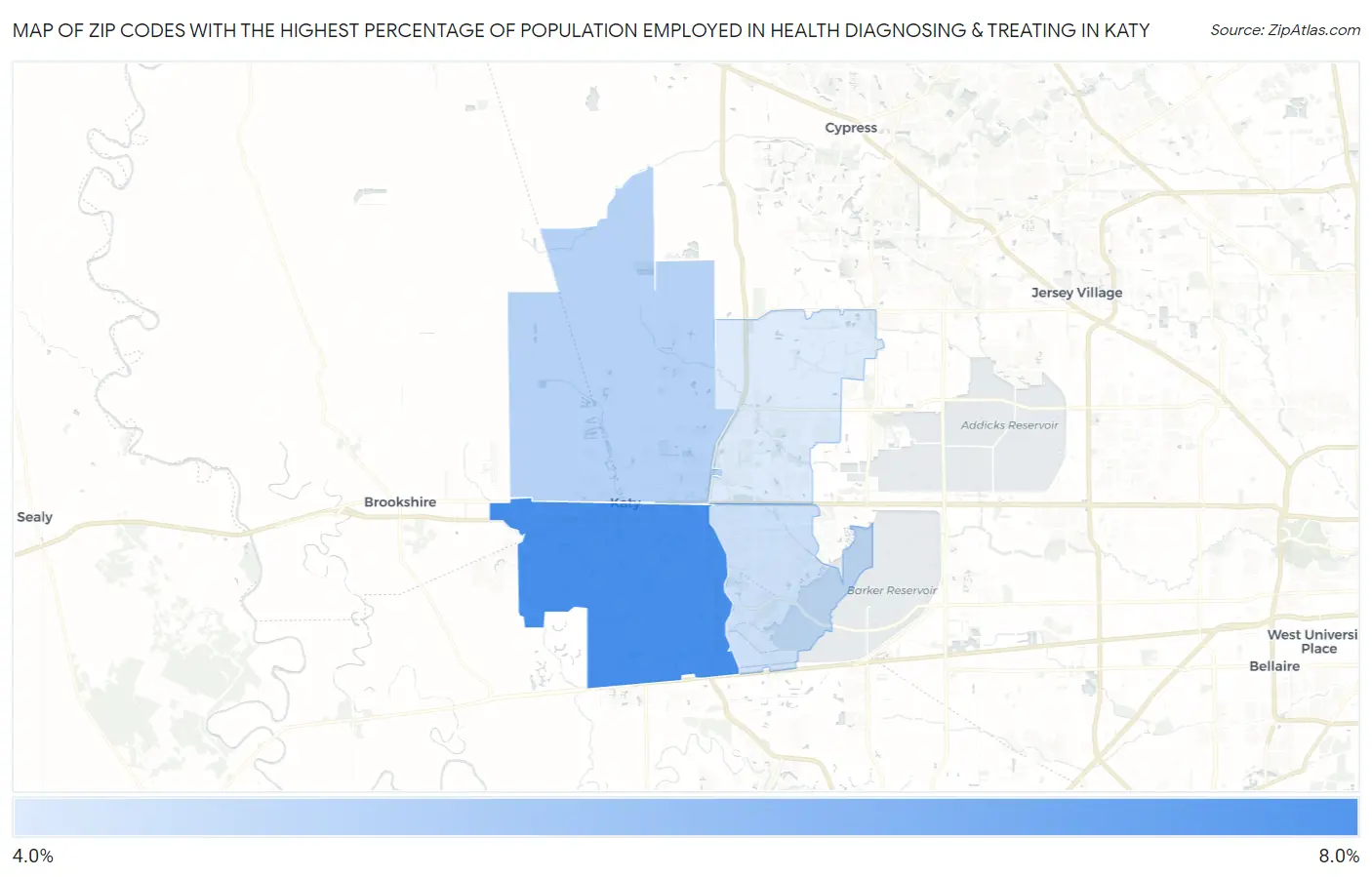 Zip Codes with the Highest Percentage of Population Employed in Health Diagnosing & Treating in Katy Map