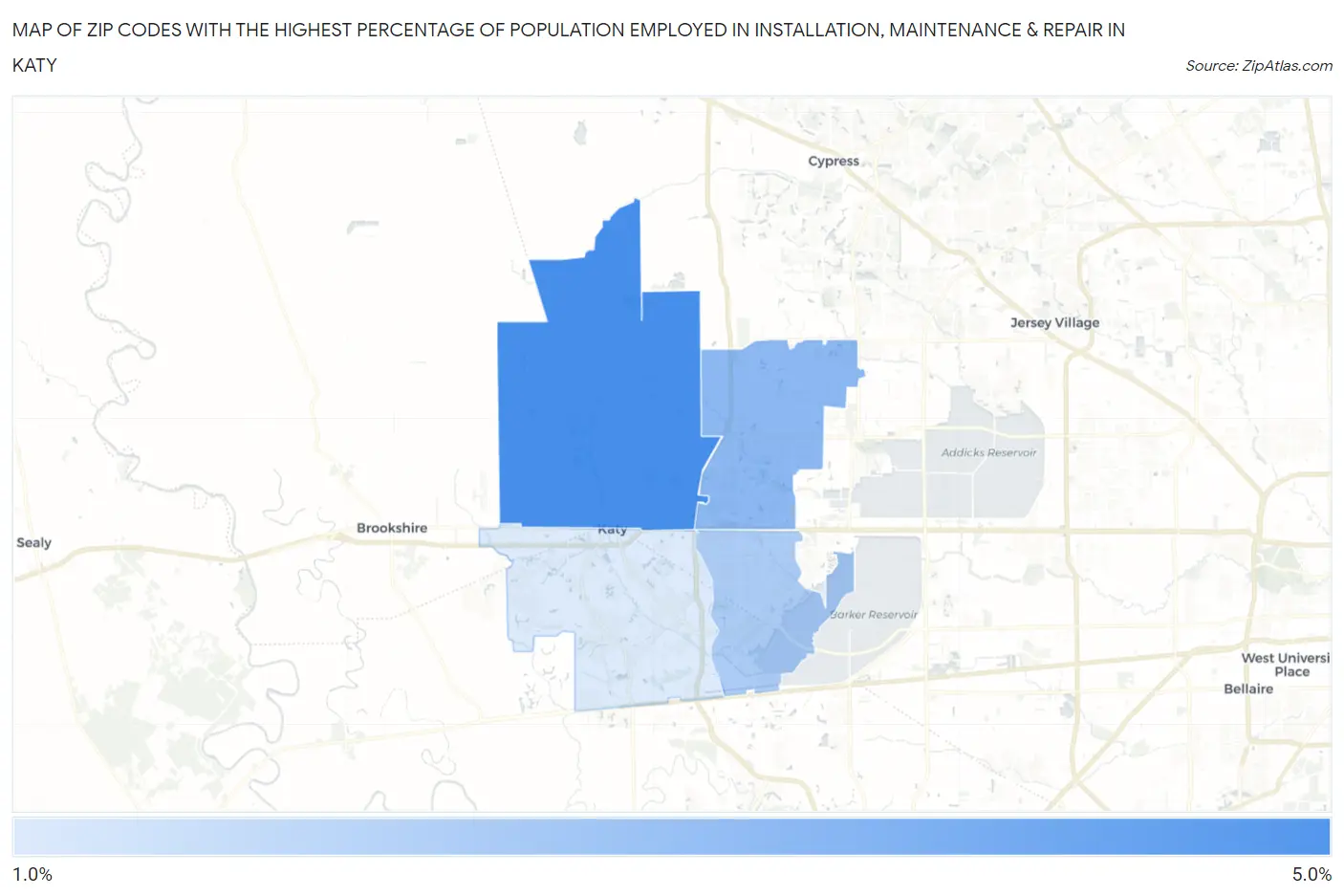 Zip Codes with the Highest Percentage of Population Employed in Installation, Maintenance & Repair in Katy Map