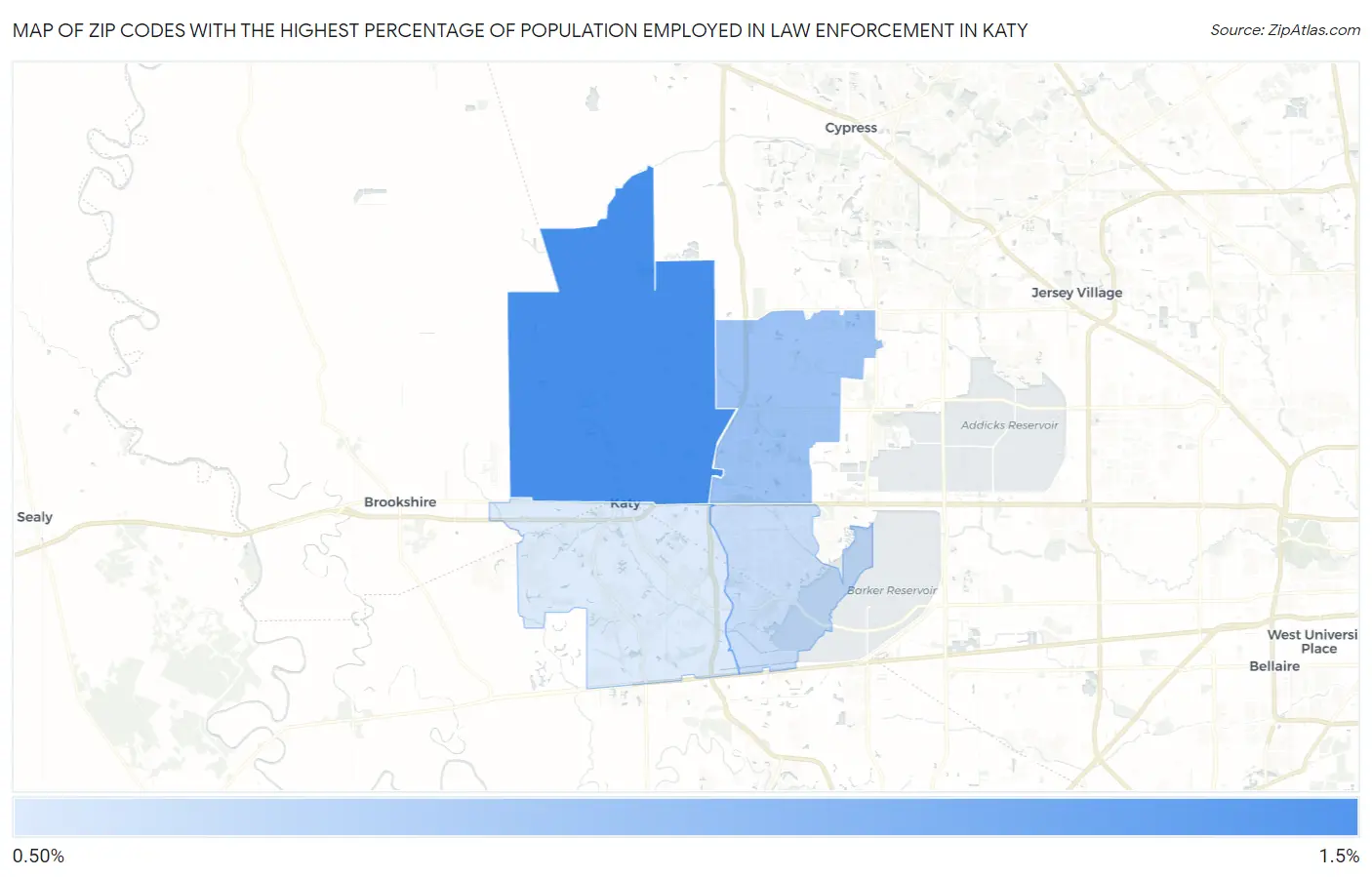 Zip Codes with the Highest Percentage of Population Employed in Law Enforcement in Katy Map