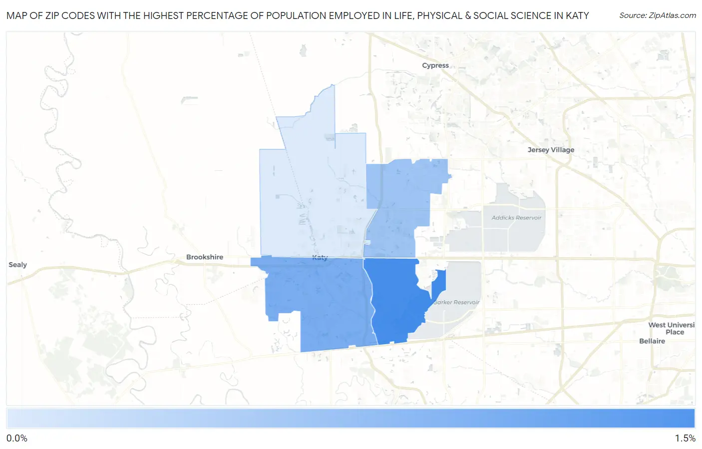 Zip Codes with the Highest Percentage of Population Employed in Life, Physical & Social Science in Katy Map