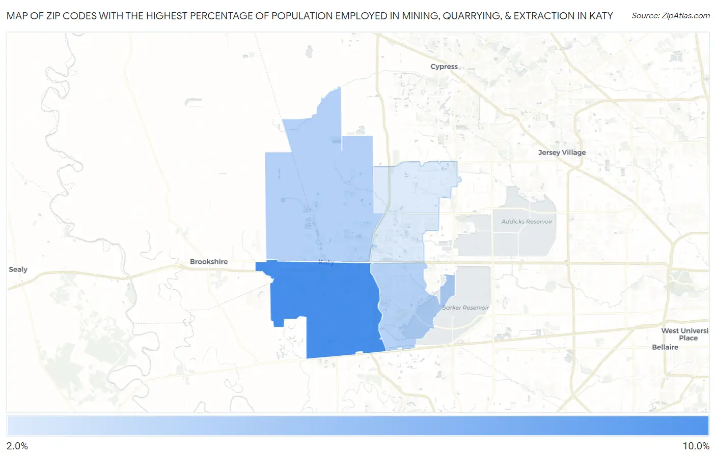 Zip Codes with the Highest Percentage of Population Employed in Mining, Quarrying, & Extraction in Katy Map