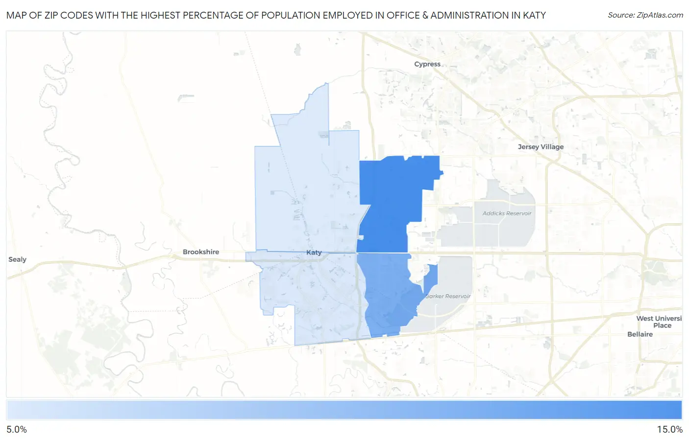 Zip Codes with the Highest Percentage of Population Employed in Office & Administration in Katy Map