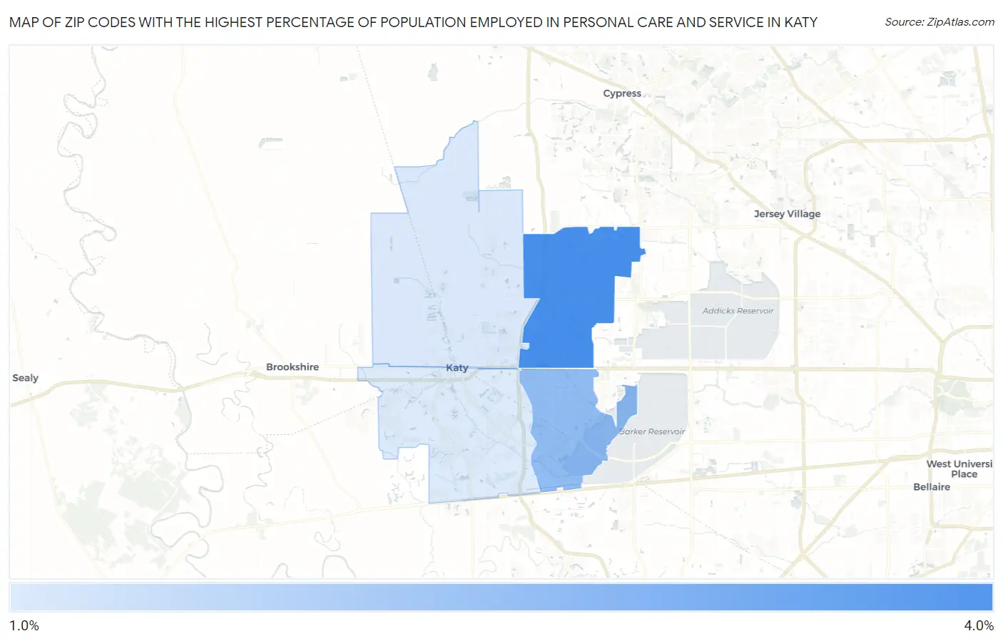 Zip Codes with the Highest Percentage of Population Employed in Personal Care and Service in Katy Map