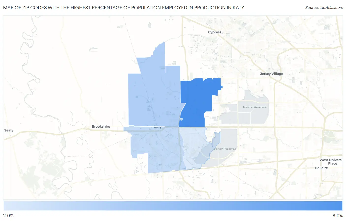 Zip Codes with the Highest Percentage of Population Employed in Production in Katy Map