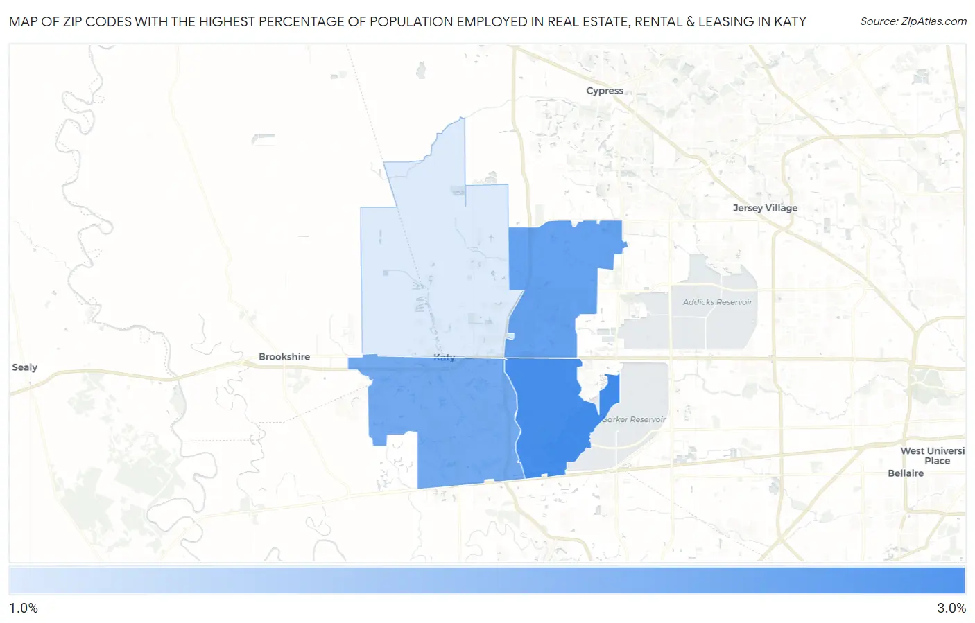 Zip Codes with the Highest Percentage of Population Employed in Real Estate, Rental & Leasing in Katy Map