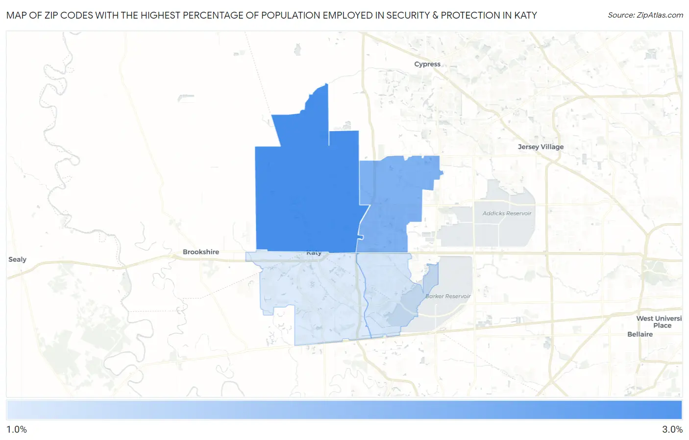 Zip Codes with the Highest Percentage of Population Employed in Security & Protection in Katy Map