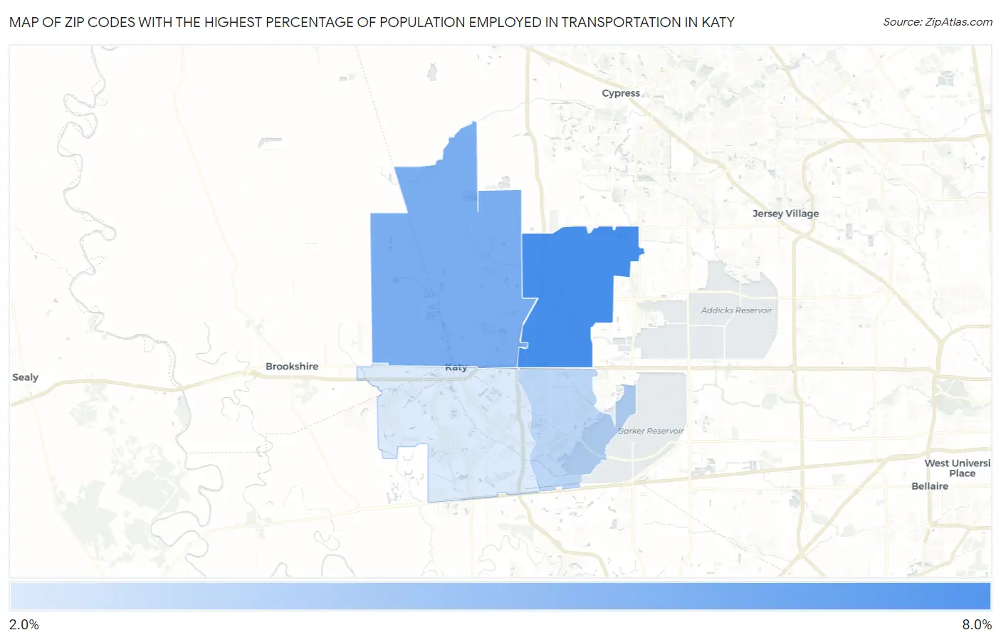 Zip Codes with the Highest Percentage of Population Employed in Transportation in Katy Map