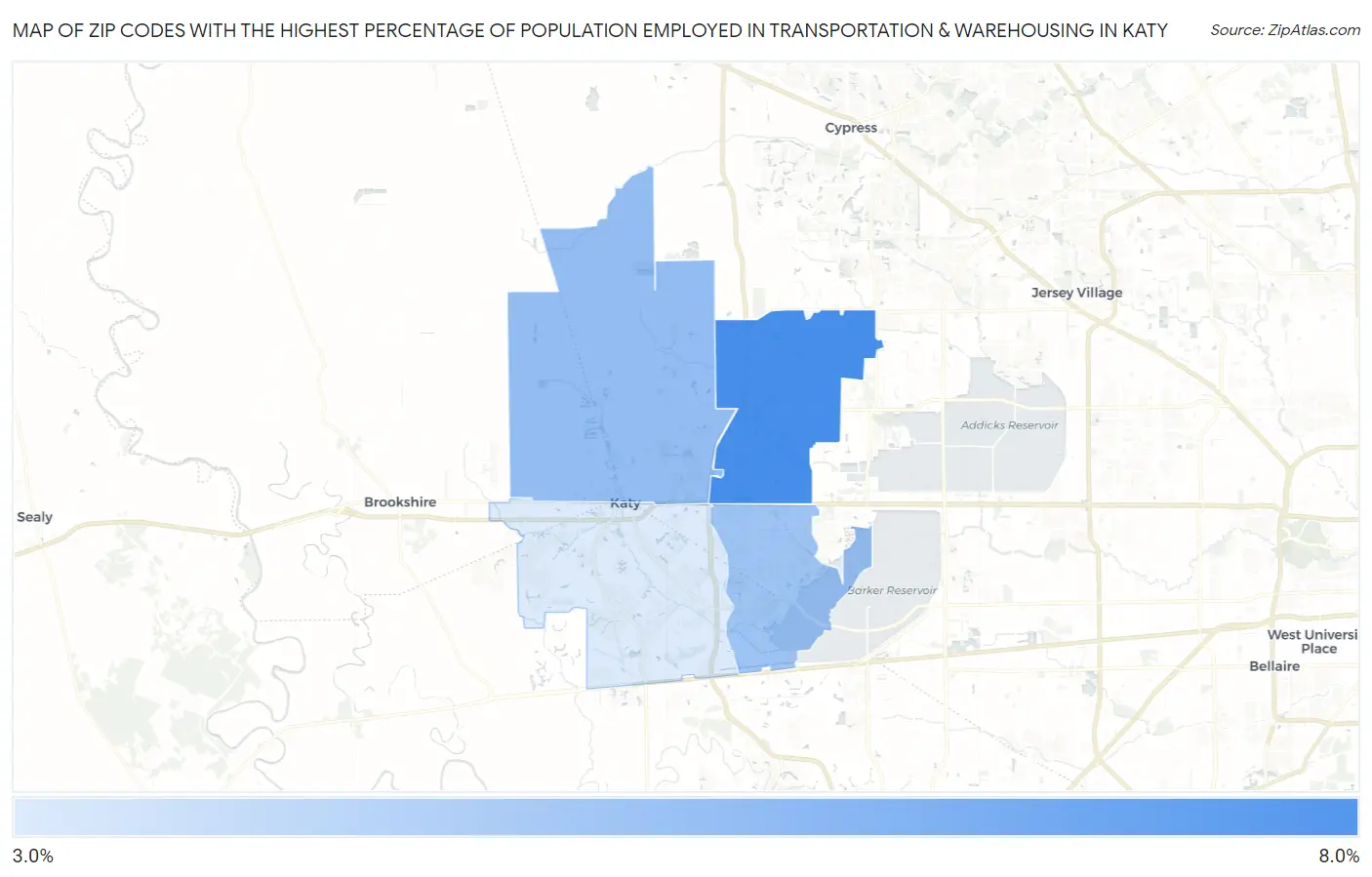 Zip Codes with the Highest Percentage of Population Employed in Transportation & Warehousing in Katy Map