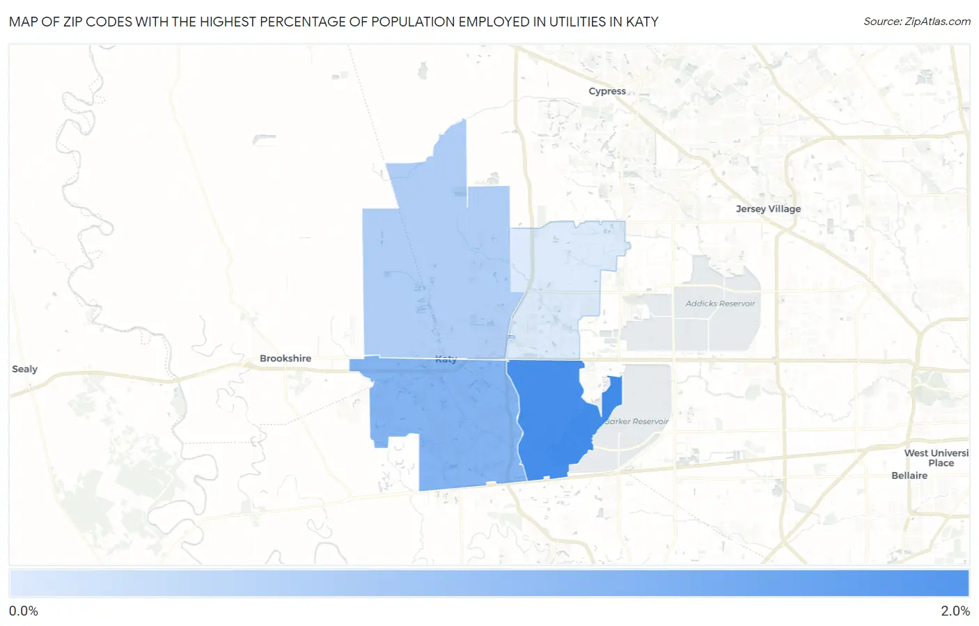 Zip Codes with the Highest Percentage of Population Employed in Utilities in Katy Map