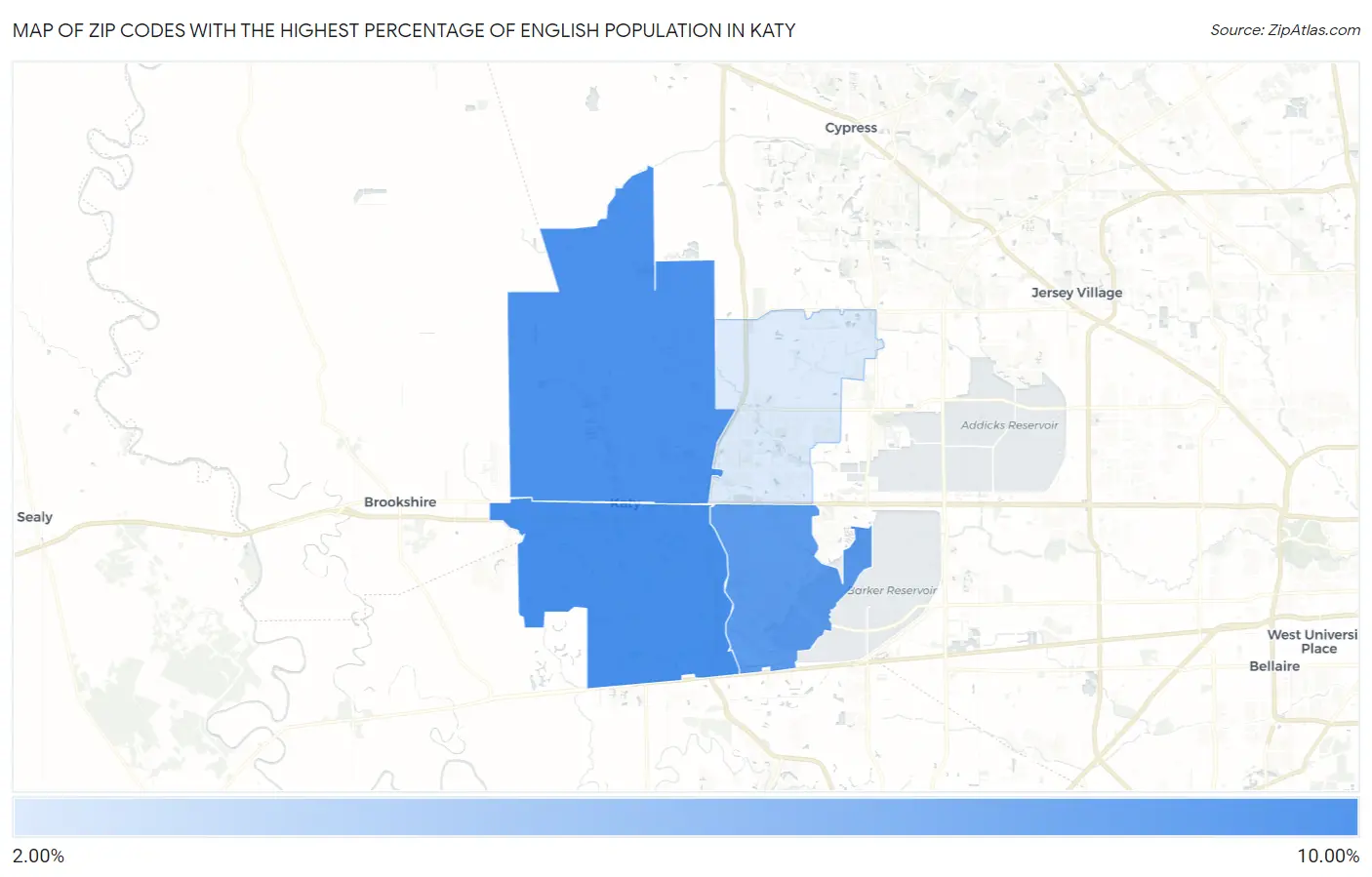 Zip Codes with the Highest Percentage of English Population in Katy Map