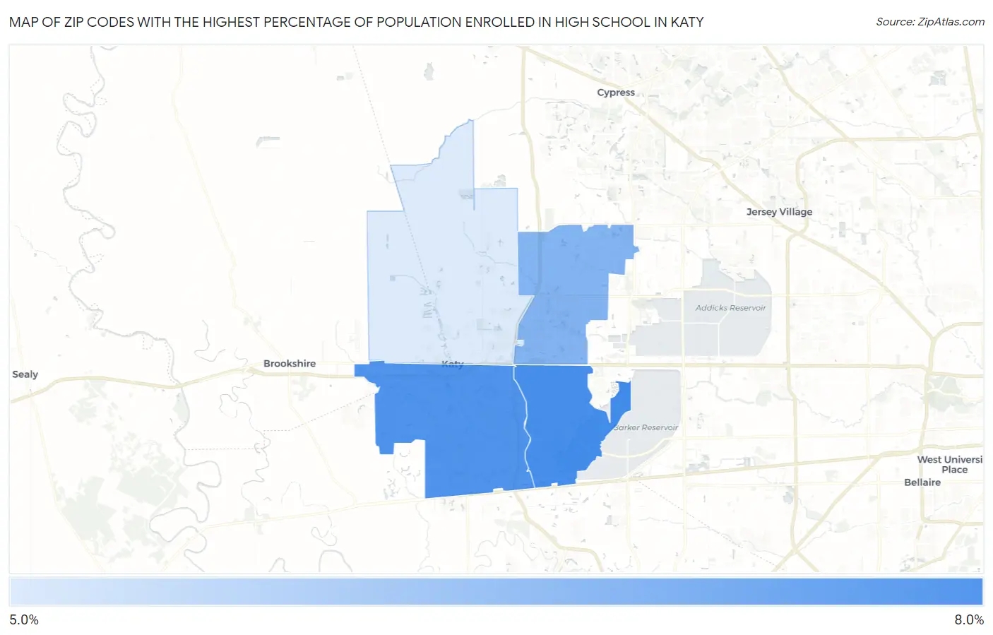 Zip Codes with the Highest Percentage of Population Enrolled in High School in Katy Map