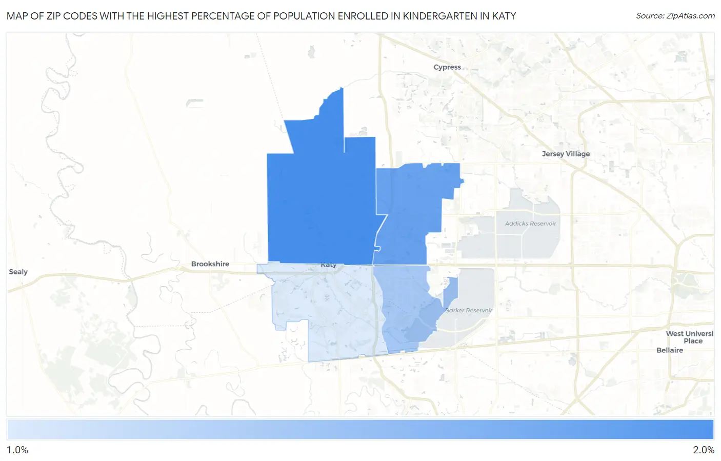 Zip Codes with the Highest Percentage of Population Enrolled in Kindergarten in Katy Map