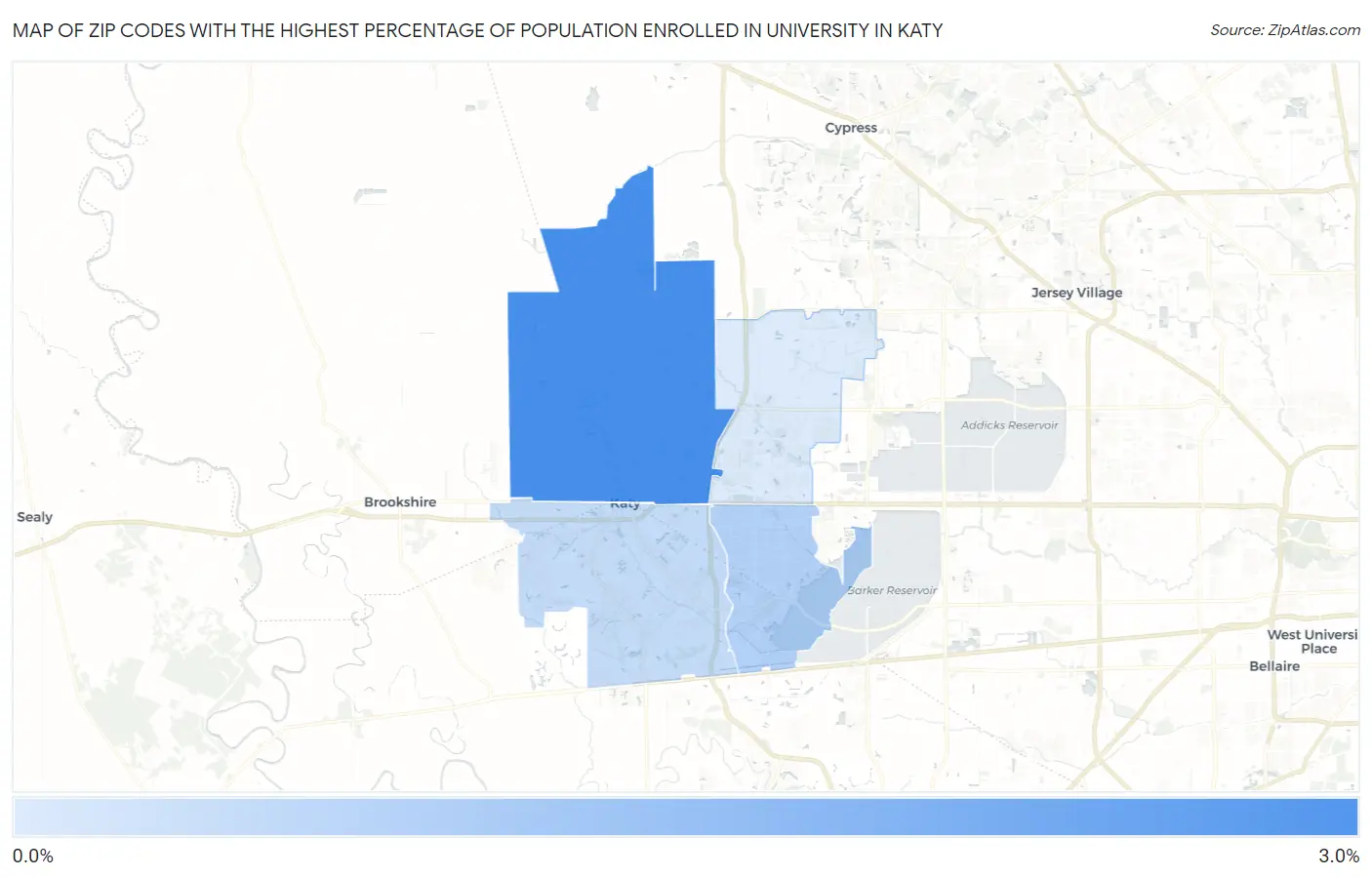 Zip Codes with the Highest Percentage of Population Enrolled in University in Katy Map