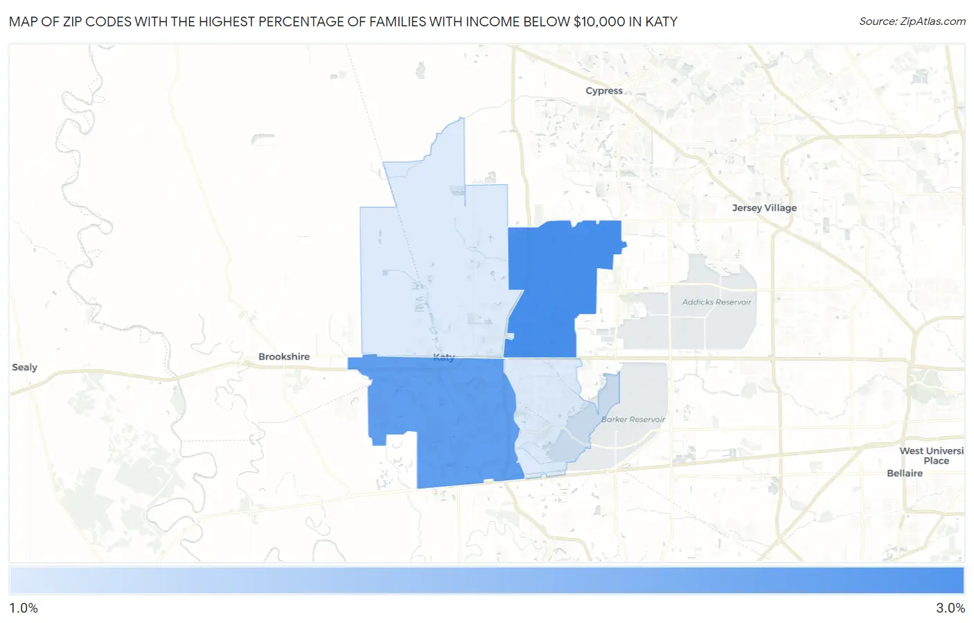 Zip Codes with the Highest Percentage of Families with Income Below $10,000 in Katy Map