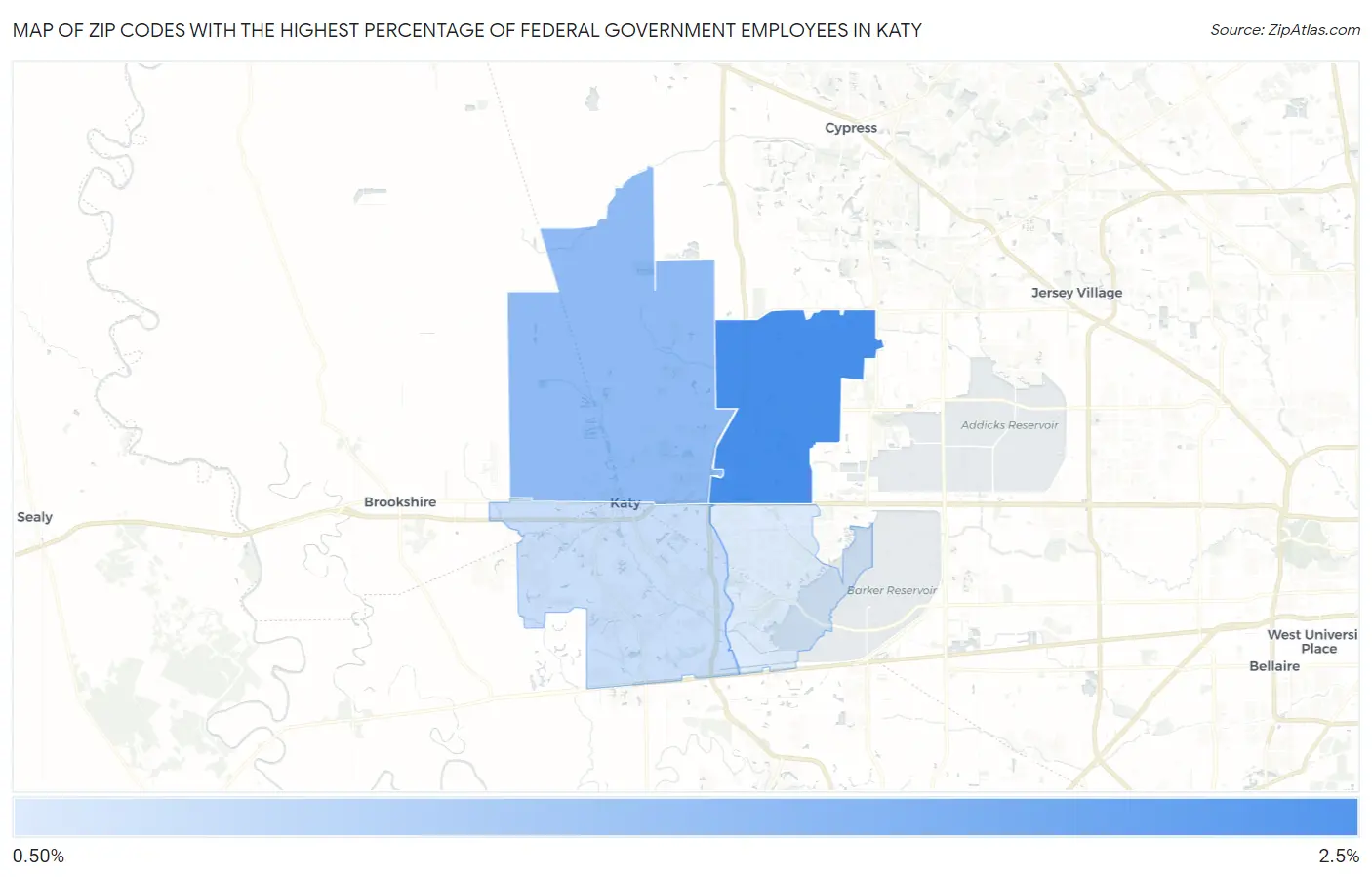 Zip Codes with the Highest Percentage of Federal Government Employees in Katy Map