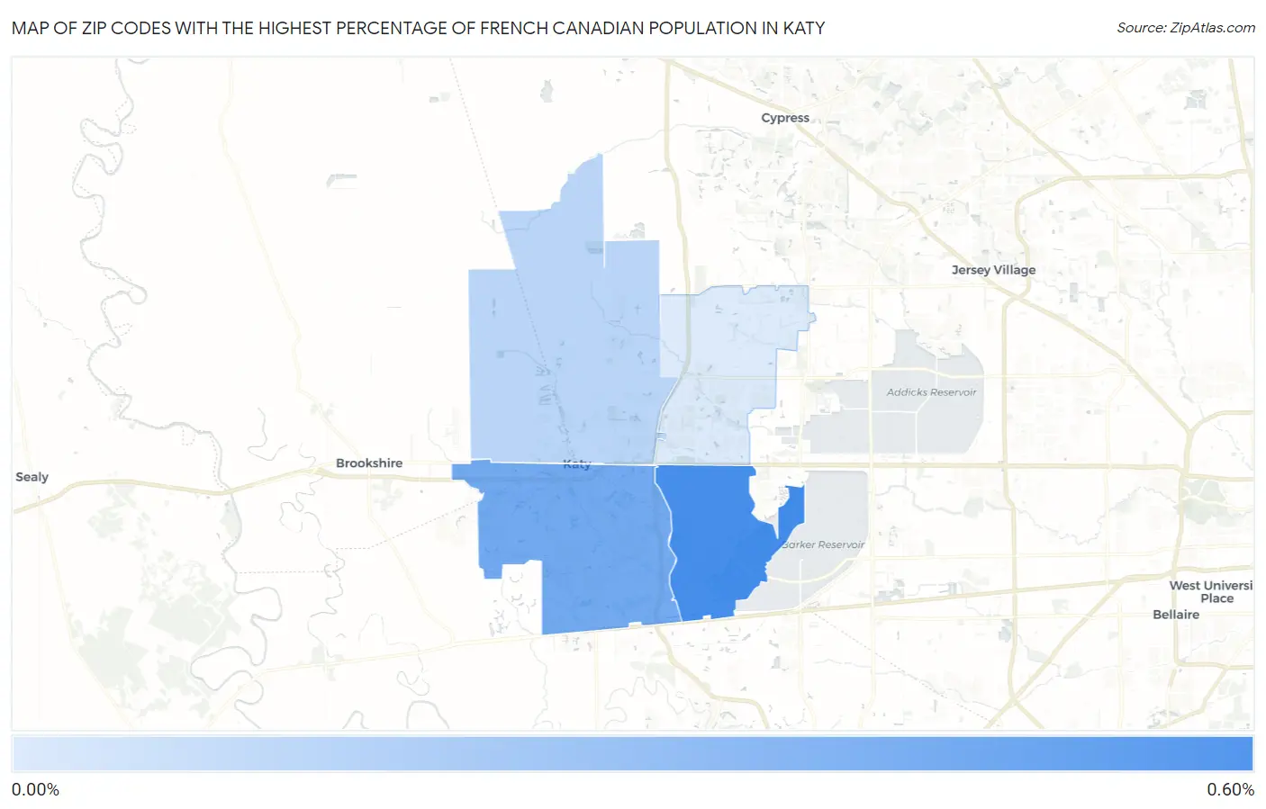 Zip Codes with the Highest Percentage of French Canadian Population in Katy Map