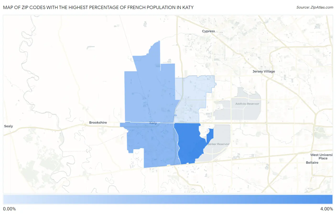 Zip Codes with the Highest Percentage of French Population in Katy Map