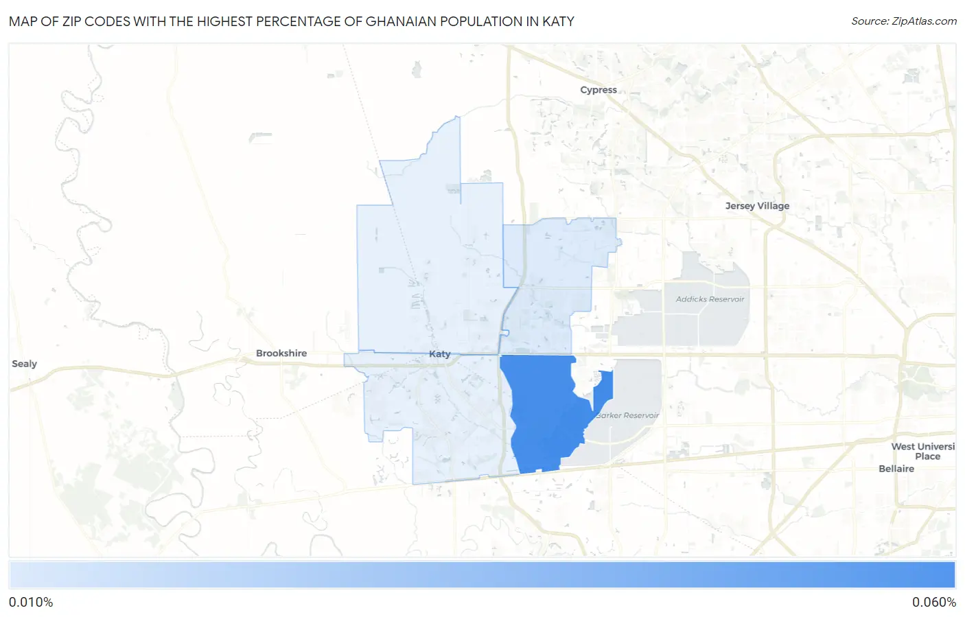 Zip Codes with the Highest Percentage of Ghanaian Population in Katy Map