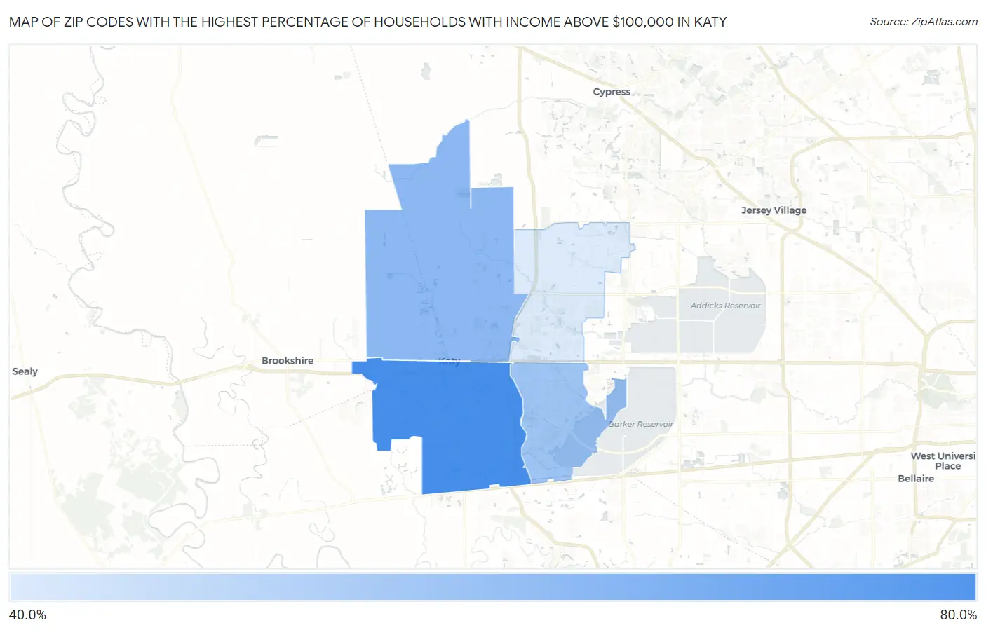 Zip Codes with the Highest Percentage of Households with Income Above $100,000 in Katy Map