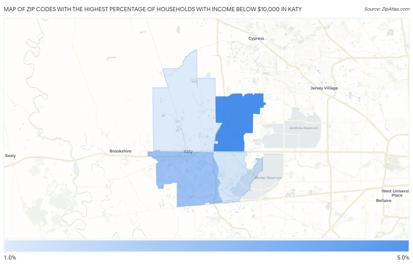 Zip Codes with the Highest Percentage of Households with Income Below $10,000 in Katy Map