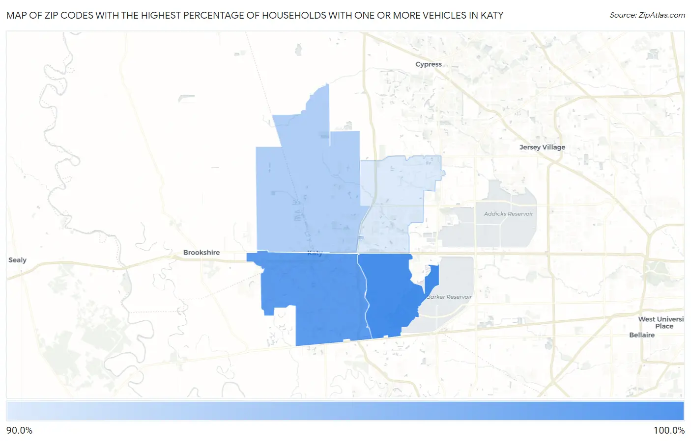 Zip Codes with the Highest Percentage of Households With One or more Vehicles in Katy Map