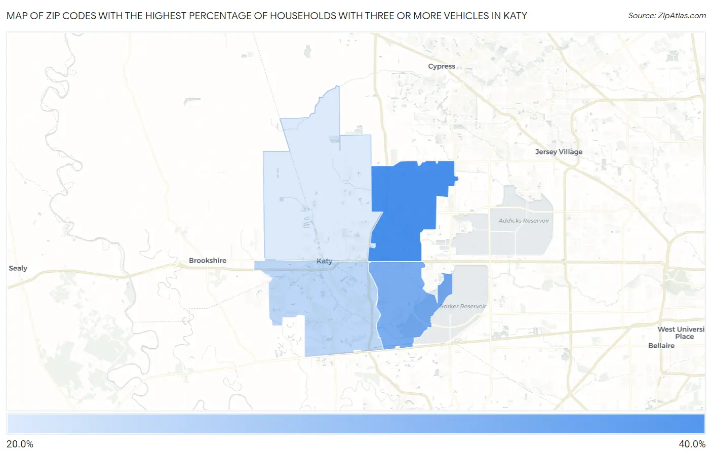 Zip Codes with the Highest Percentage of Households With Three or more Vehicles in Katy Map