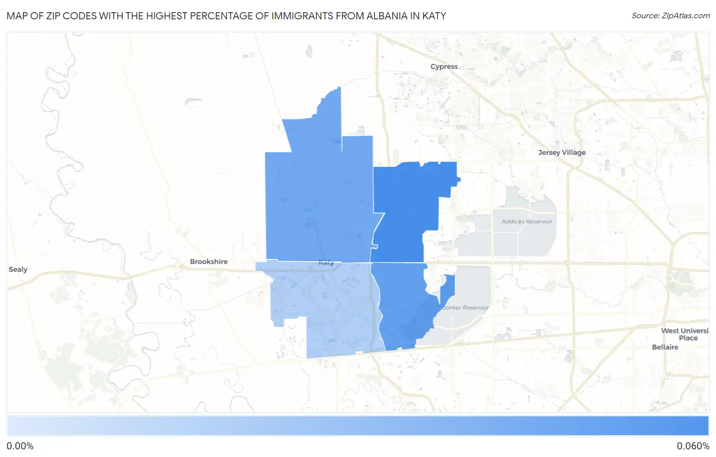 Zip Codes with the Highest Percentage of Immigrants from Albania in Katy Map