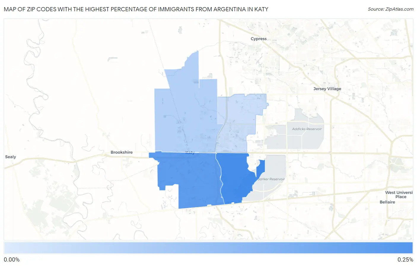 Zip Codes with the Highest Percentage of Immigrants from Argentina in Katy Map