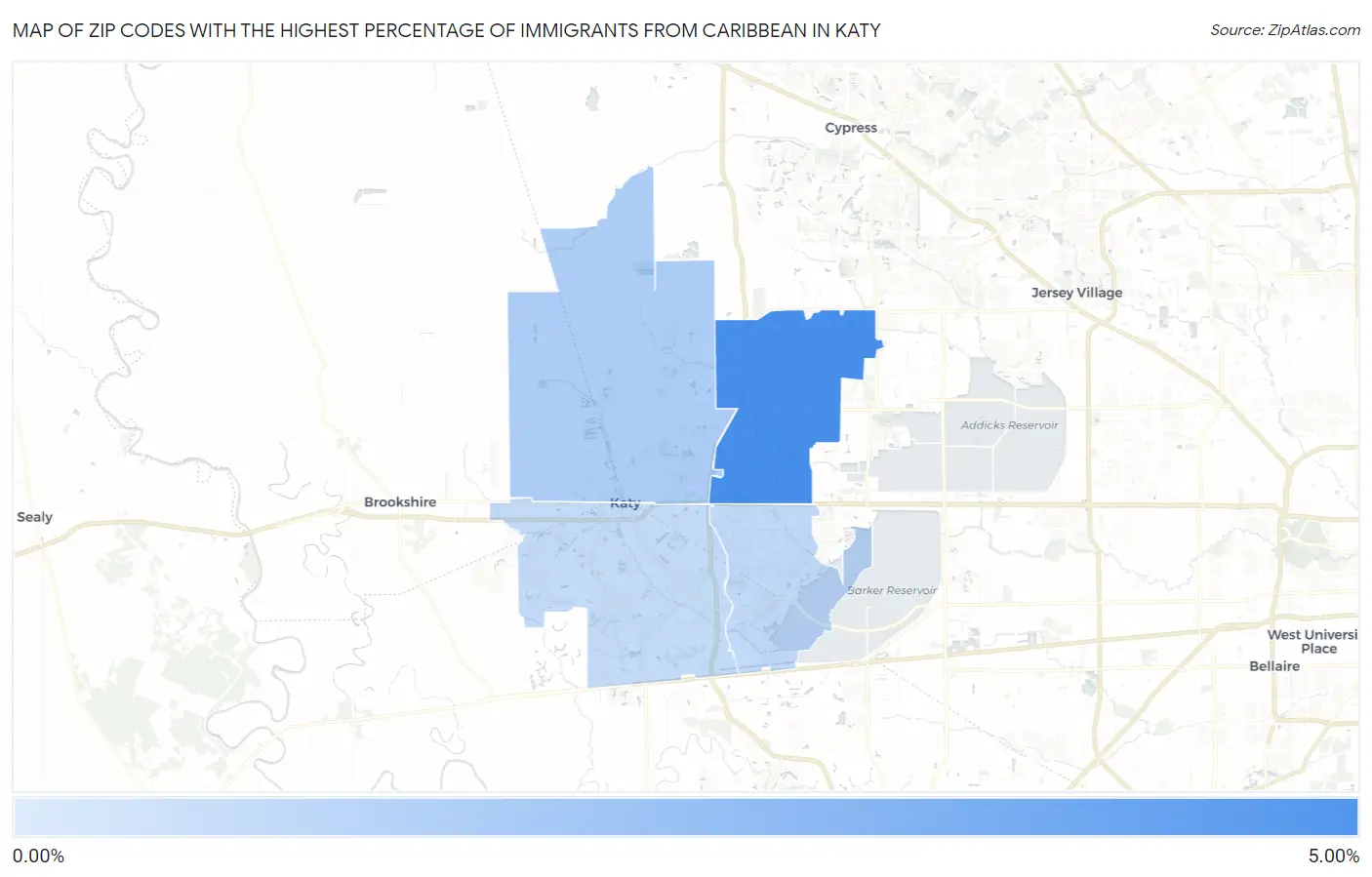 Zip Codes with the Highest Percentage of Immigrants from Caribbean in Katy Map