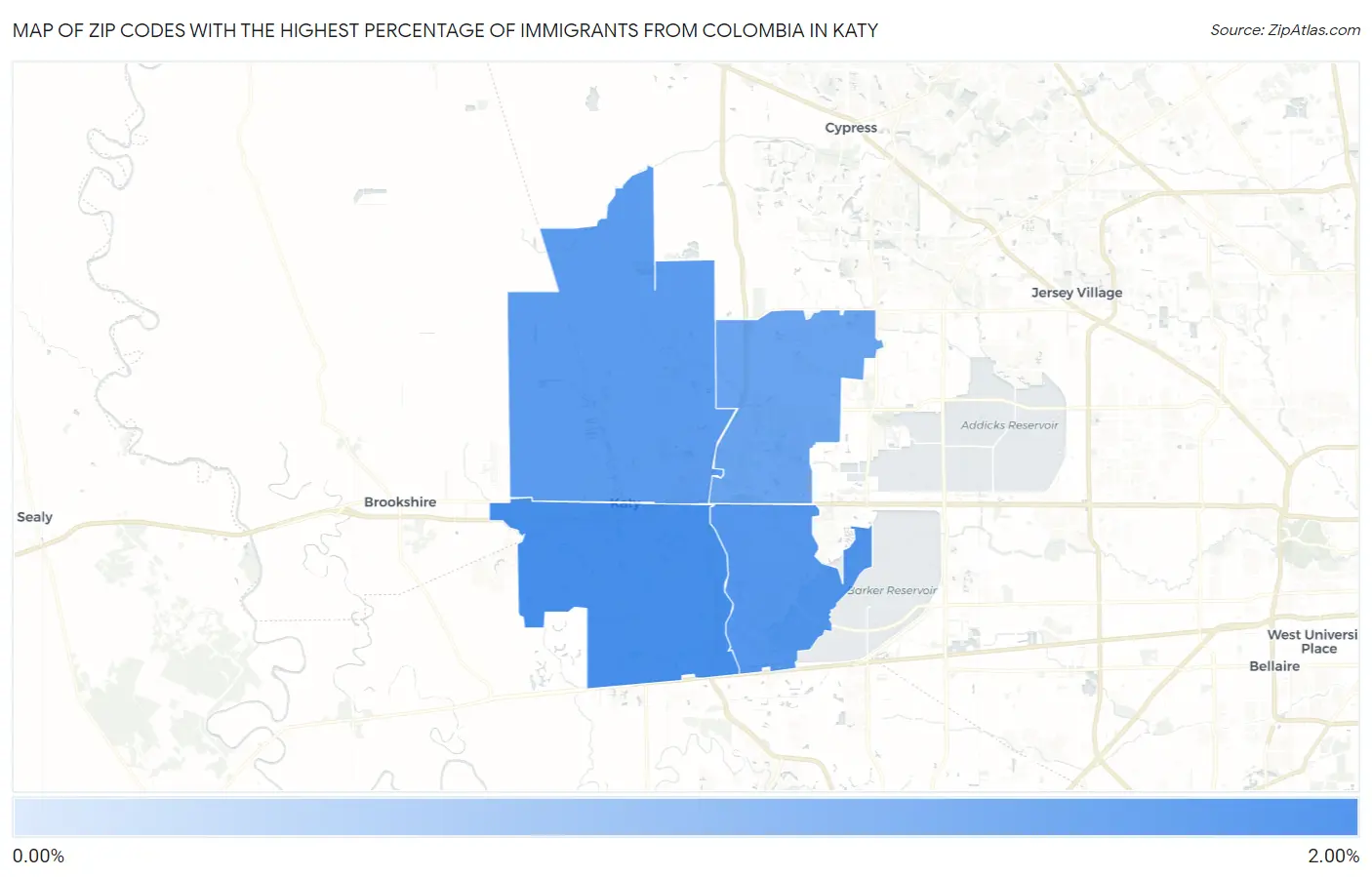 Zip Codes with the Highest Percentage of Immigrants from Colombia in Katy Map